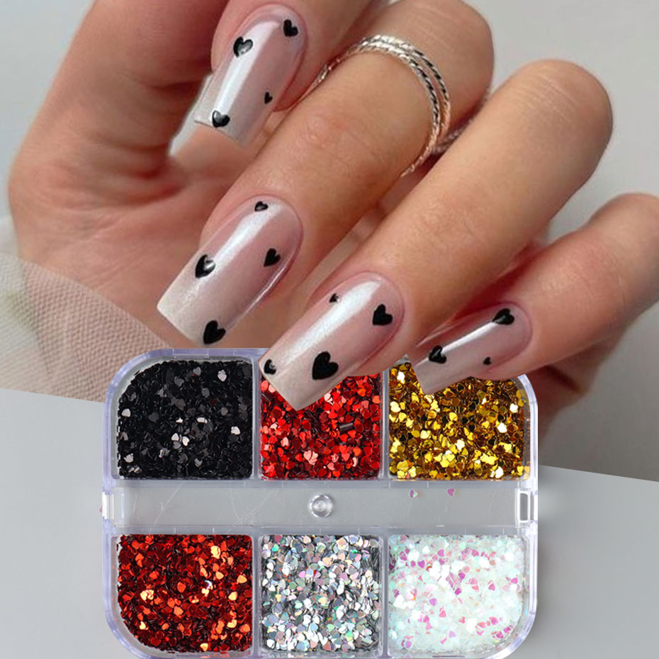 6 Grids Y2K Cute Heart Glitter - Gold Foil Flakes recension och pris